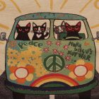 Pernă decorativă verde 45x45 cm – Pisici Peace Bus