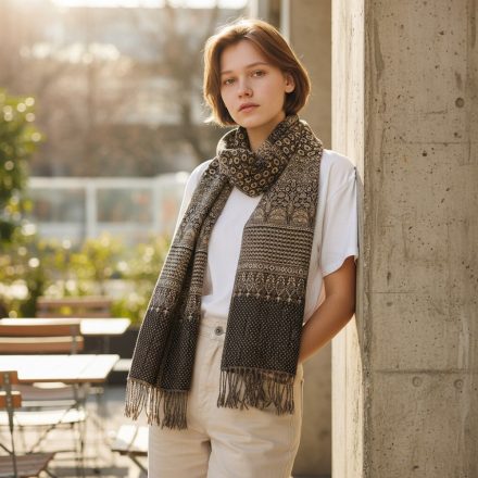 Eșarfă elegantă de damă și de bărbați 215x105 gri-negru cu model autentic