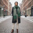 Șal cu model oriental 215x105 eșarfă din bumbac verde
